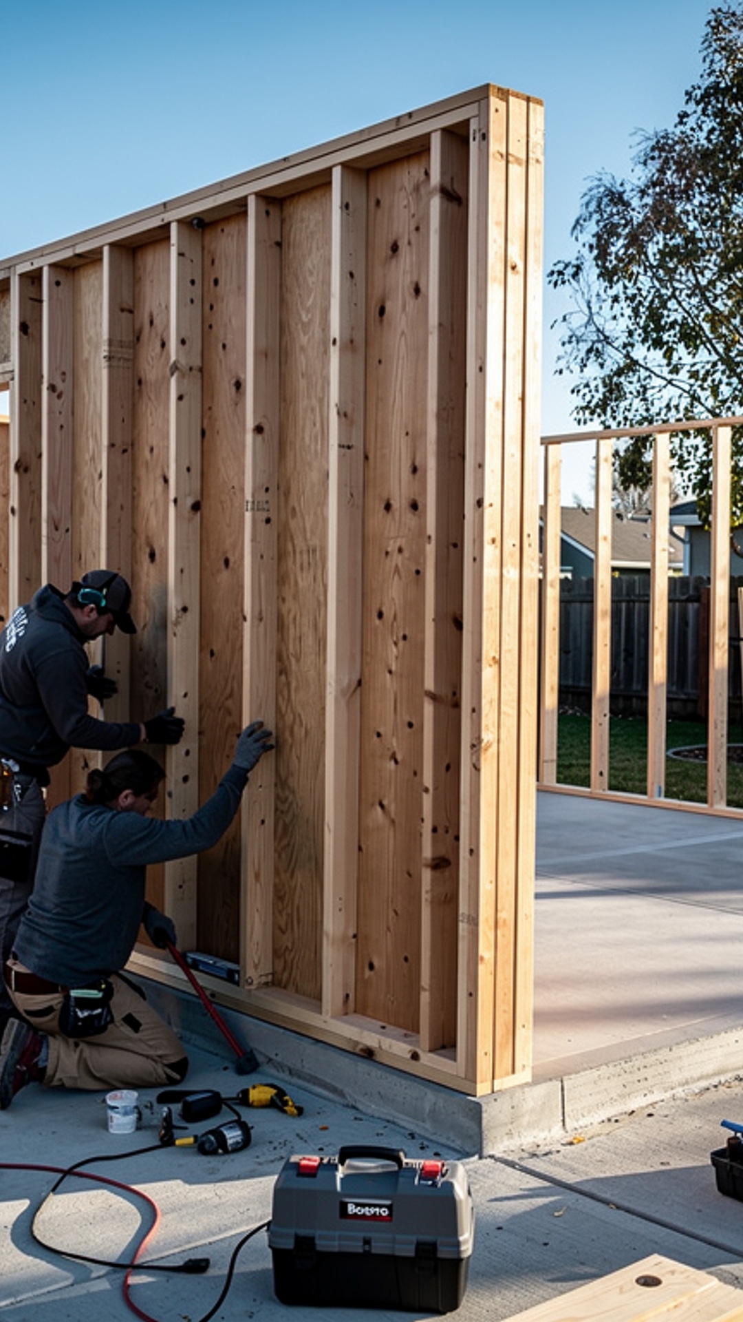 Boxpro craftsmen assembling timber panels for 15x8 studio shed in Yuba City yard