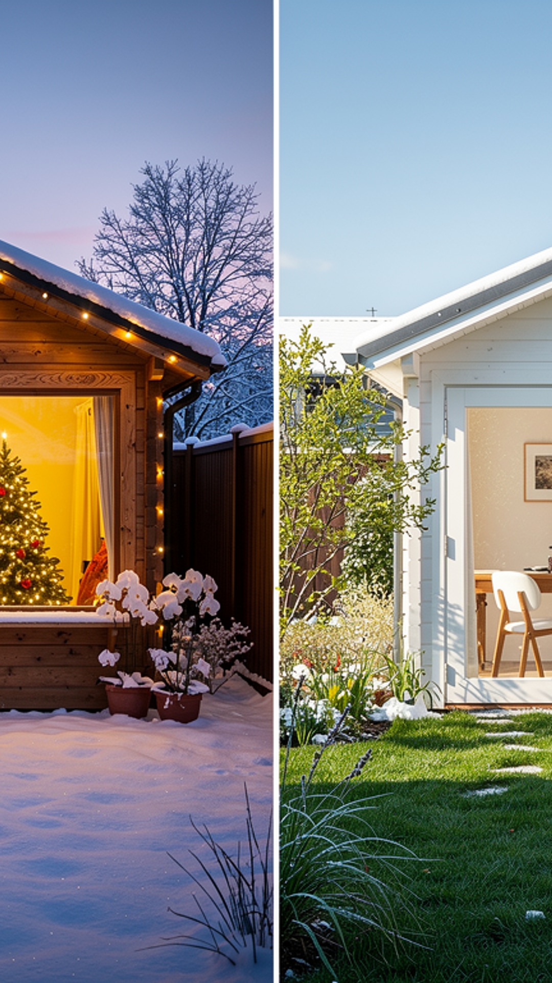 Split screen: Christmas holiday chalet in December versus bright spring garden office in April