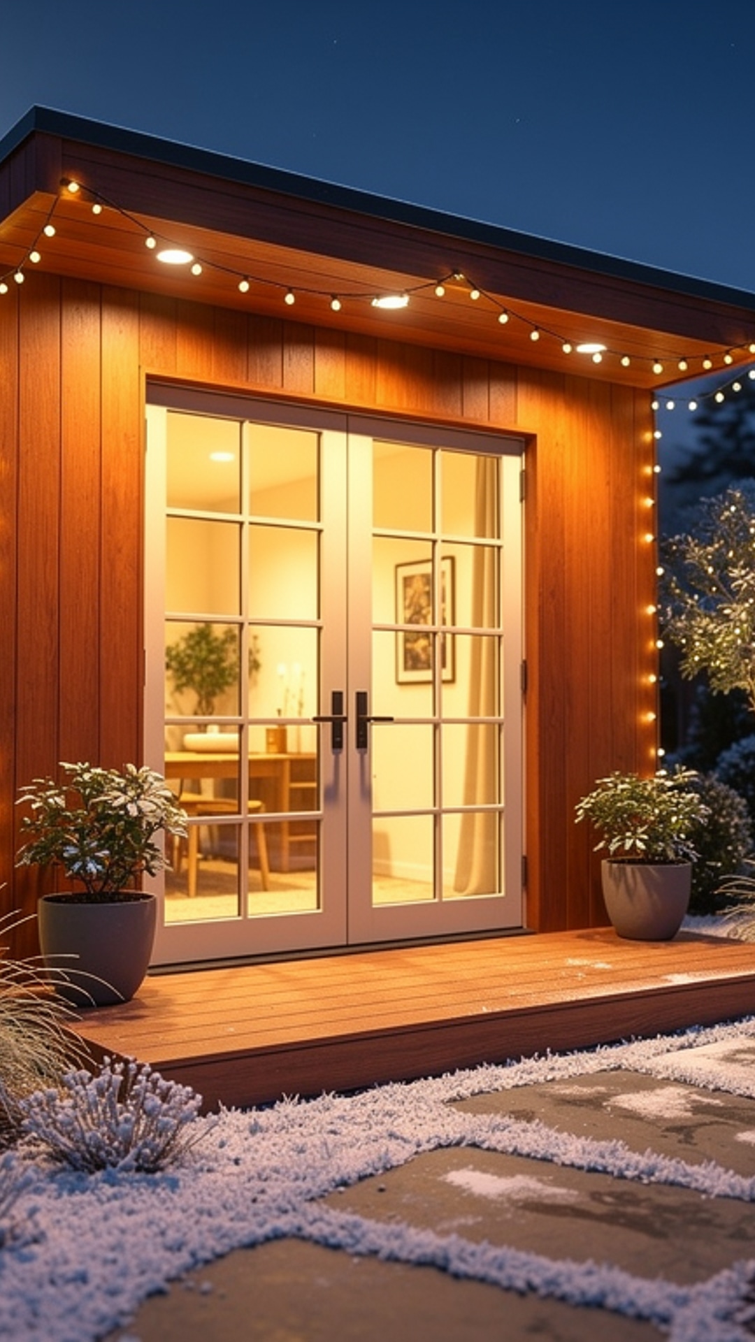 Enchanting nighttime winter view of modern redwood 15x8 studio shed glowing warmly in suburban garden