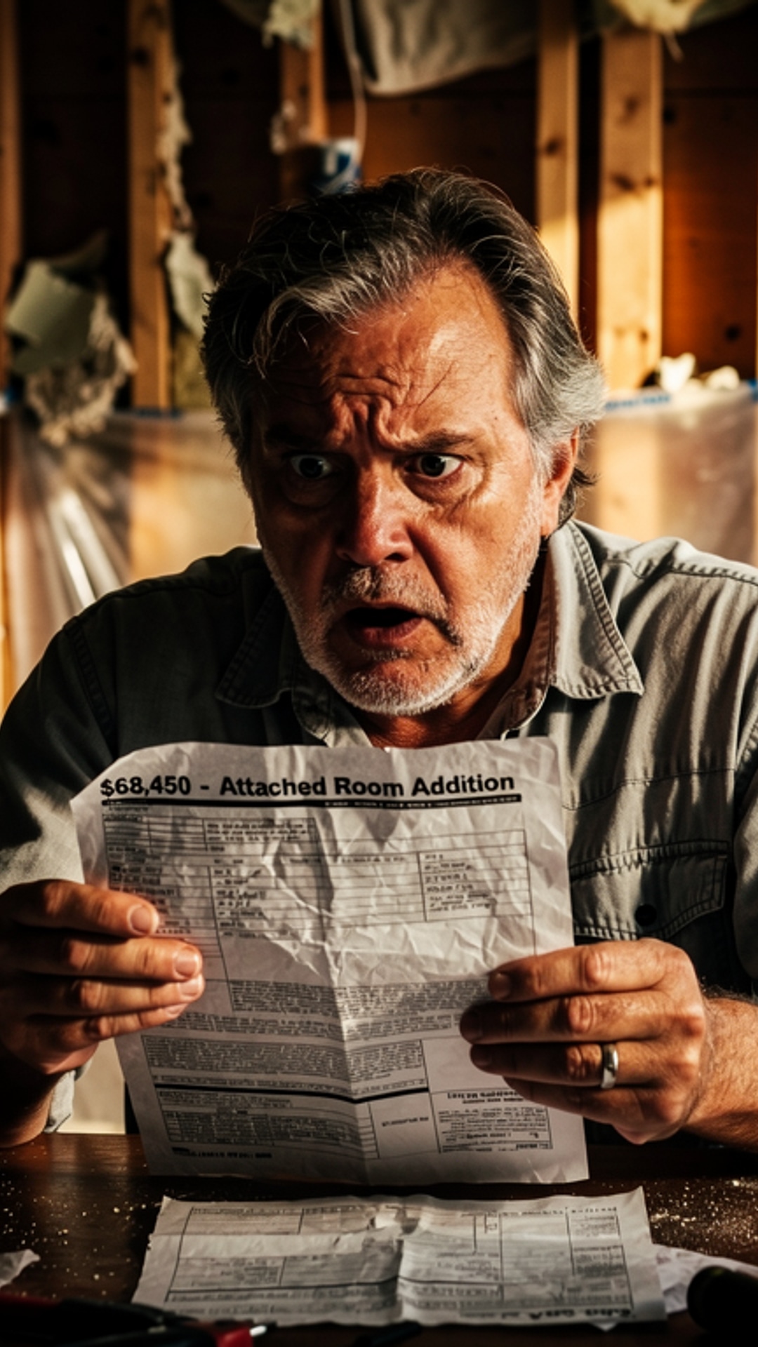 Homeowner looking shocked at expensive contractor estimate for room addition