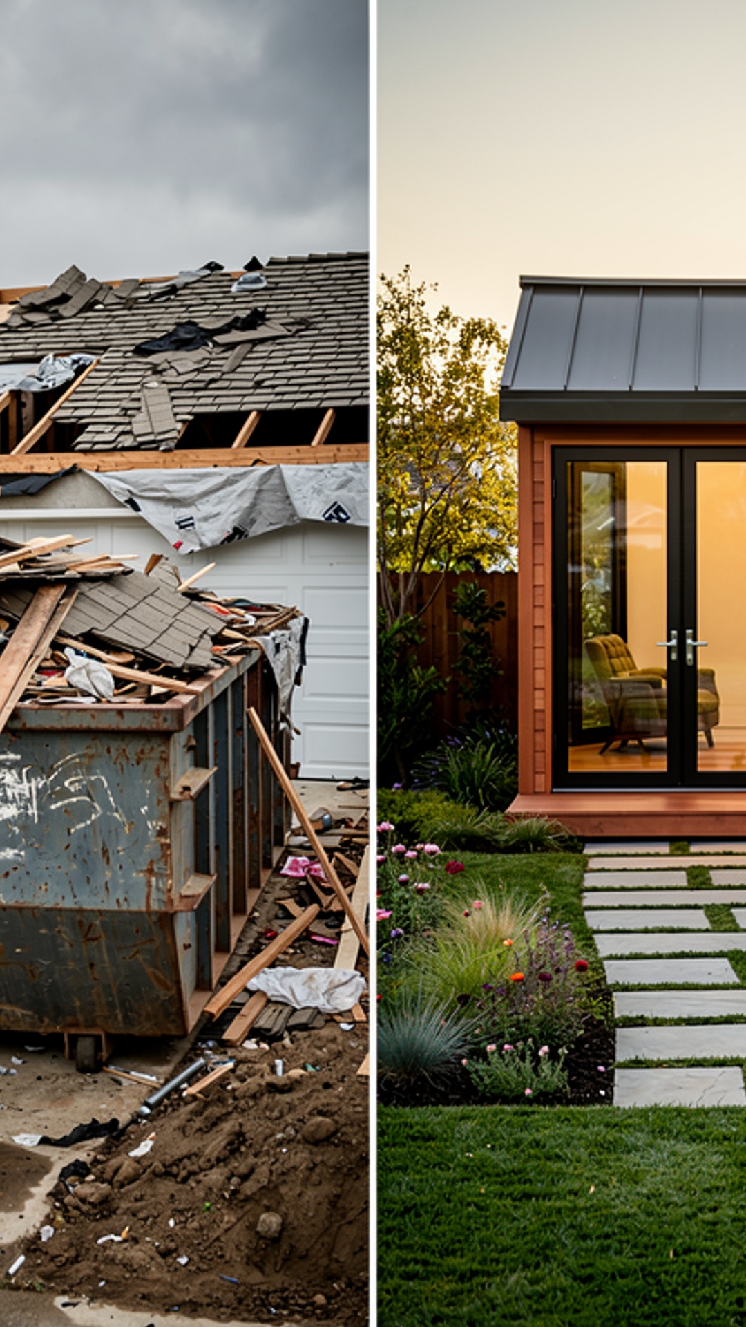 Split screen comparing construction dumpster site with clean redwood backyard studio in Yuba City
