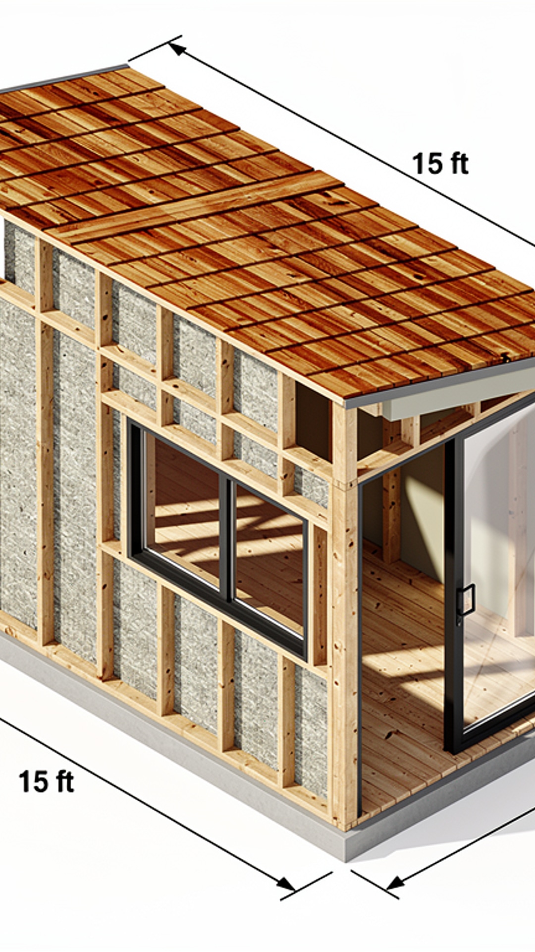 Architectural isometric cutaway of custom 15x8 studio shed showing Douglas fir framing and cedar ceiling