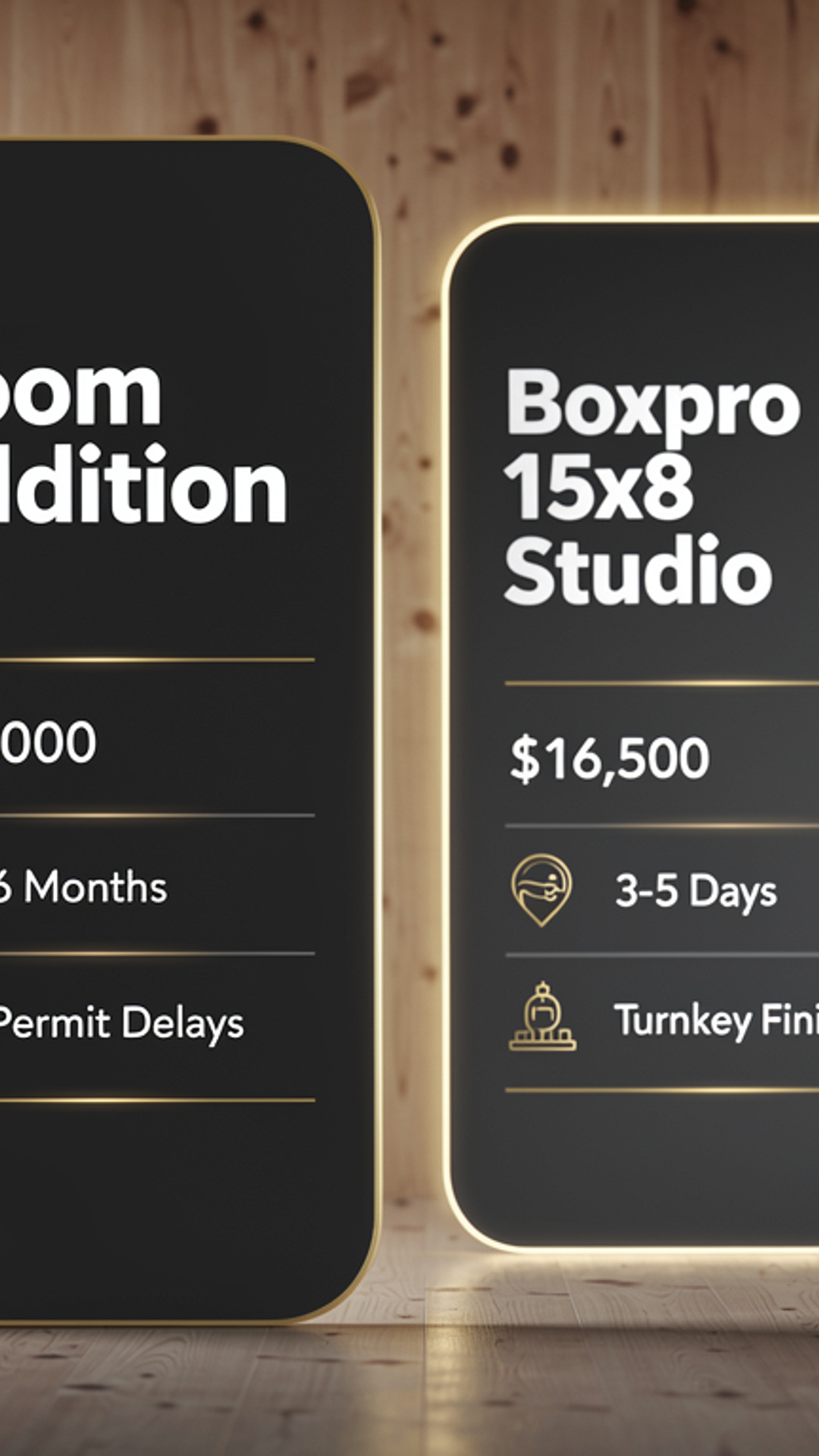 Financial comparison infographic: Room Addition versus Boxpro 15x8 Studio