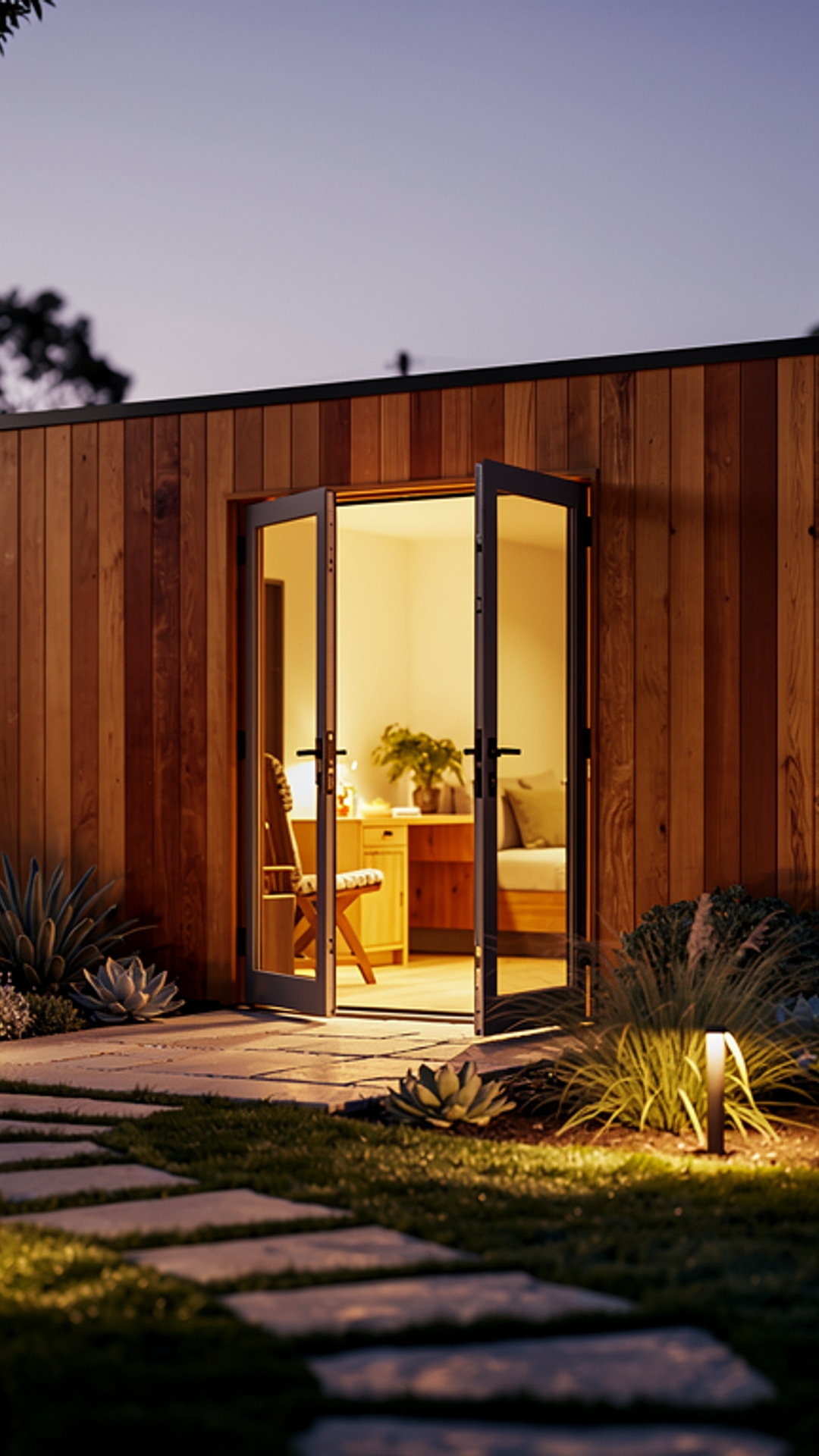 Cozy evening dusk view of 15x8 modern redwood studio shed glowing with warm light in suburban garden