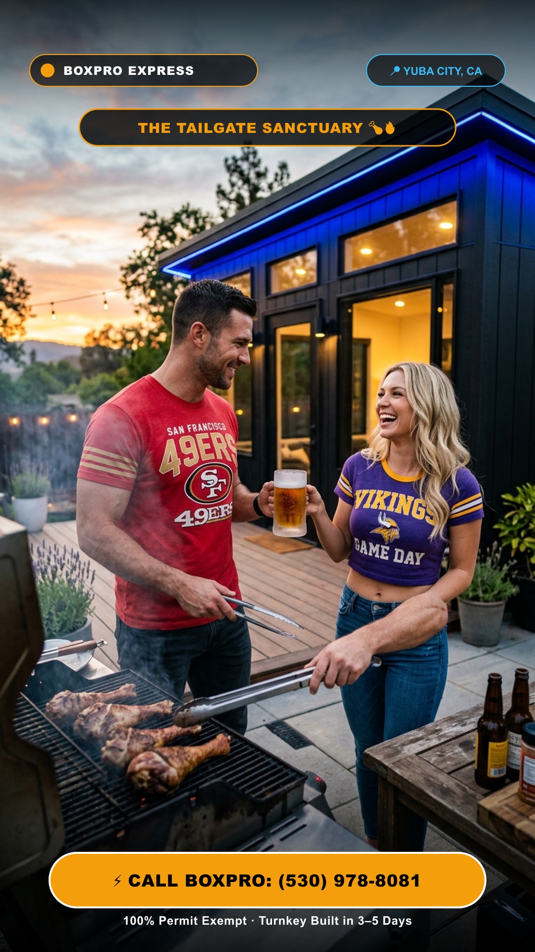 Athletic man basting BBQ drumsticks on outdoor smoker next to modern studio shed at dusk