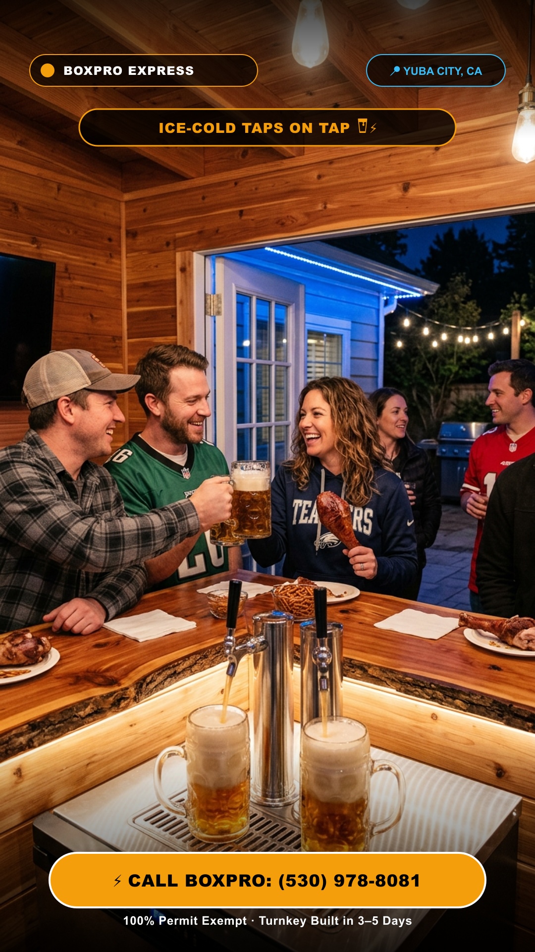 Stainless steel dual draft beer tap pouring frothy craft beer into heavy Viking steins inside cedar sports den