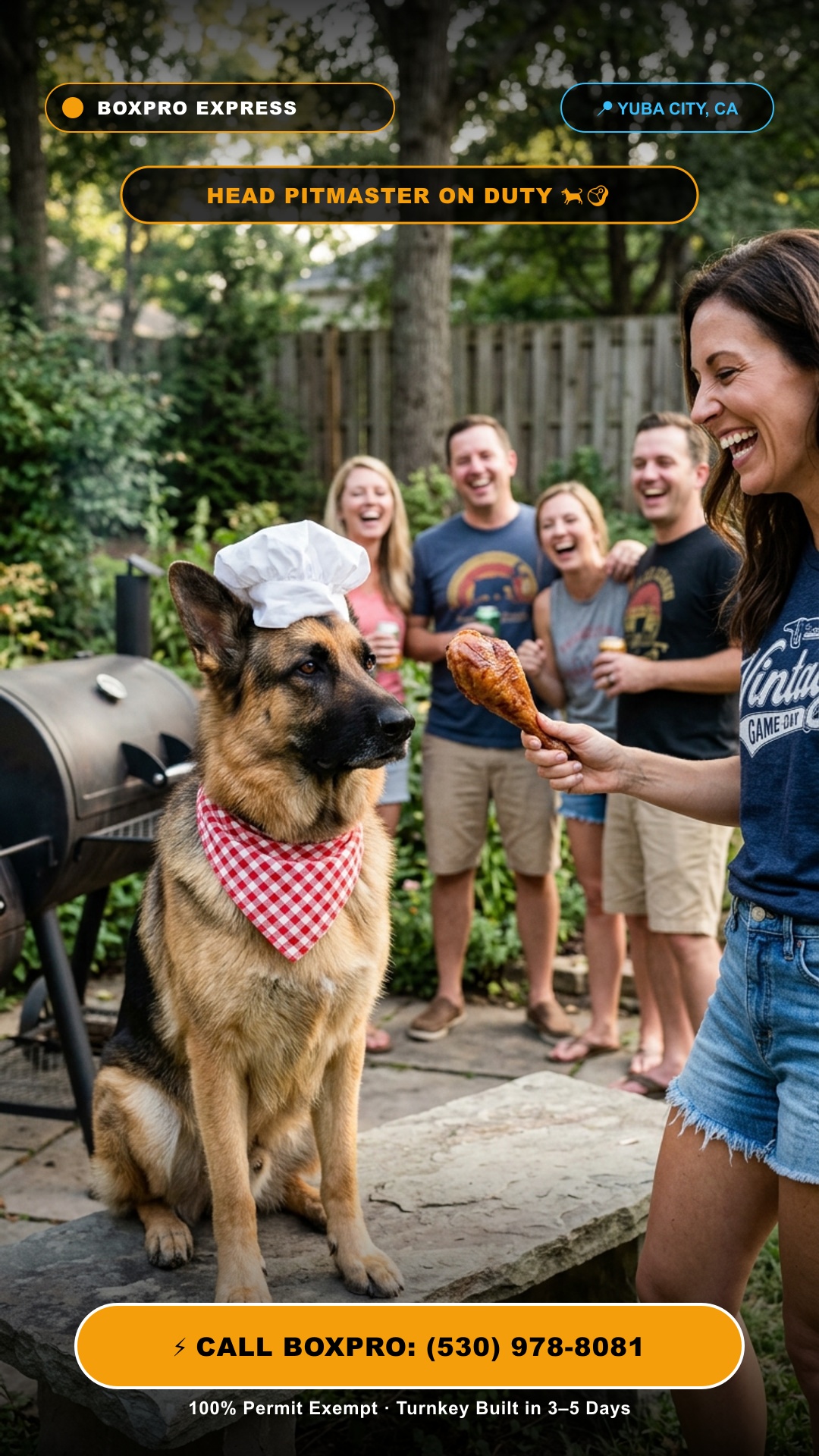 Purebred German Shepherd in chef hat and BBQ bandana staring intently at juicy turkey leg