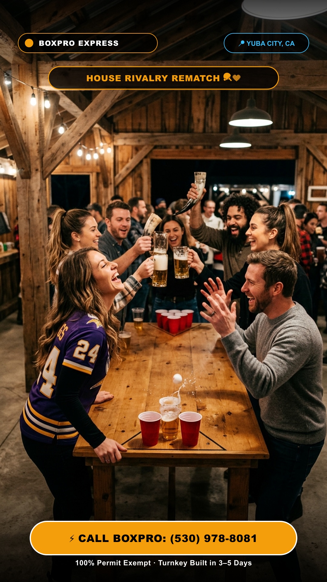 Couples beer pong tournament action inside modern timber shed