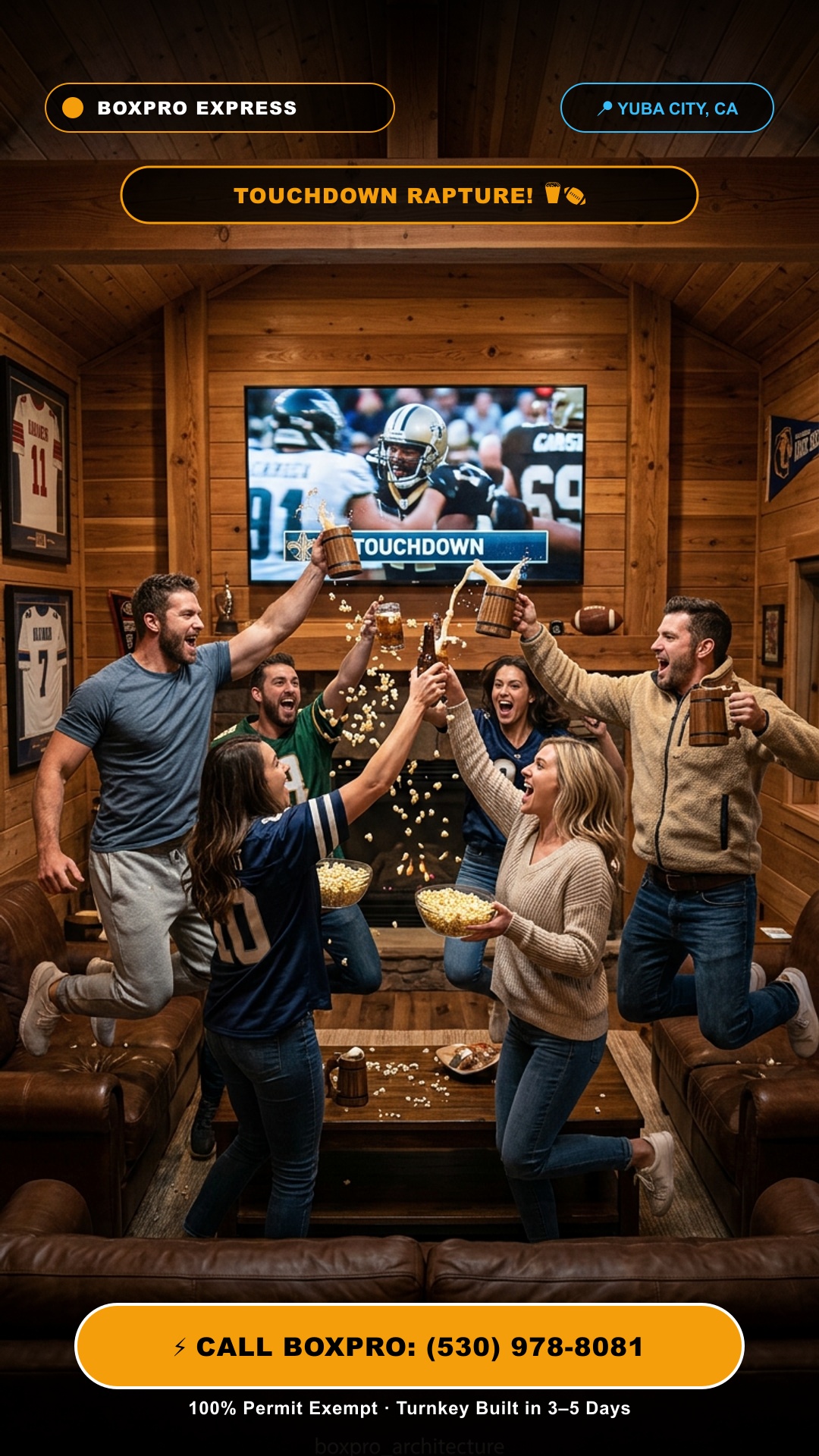 Explosive touchdown celebration with flying popcorn inside sports den