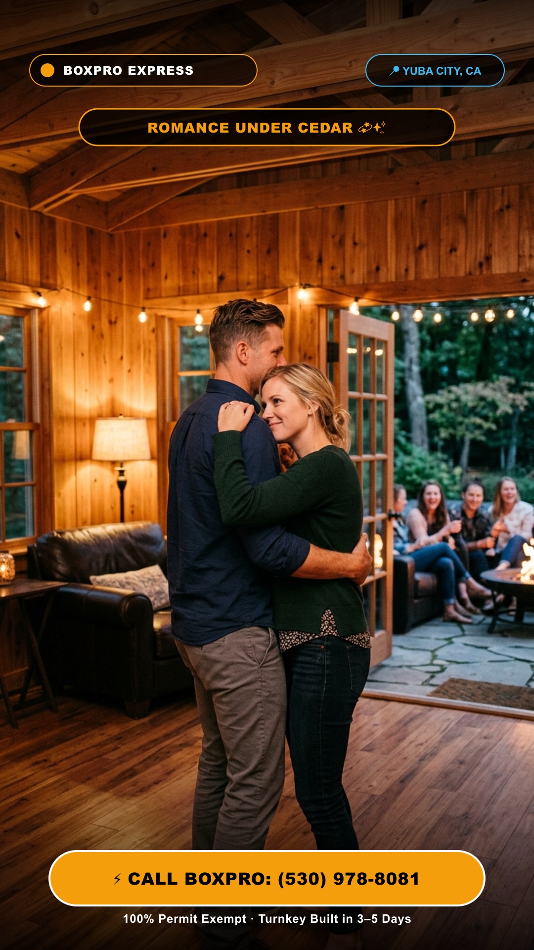 Couple slow dancing romantically inside warm cedar studio shed