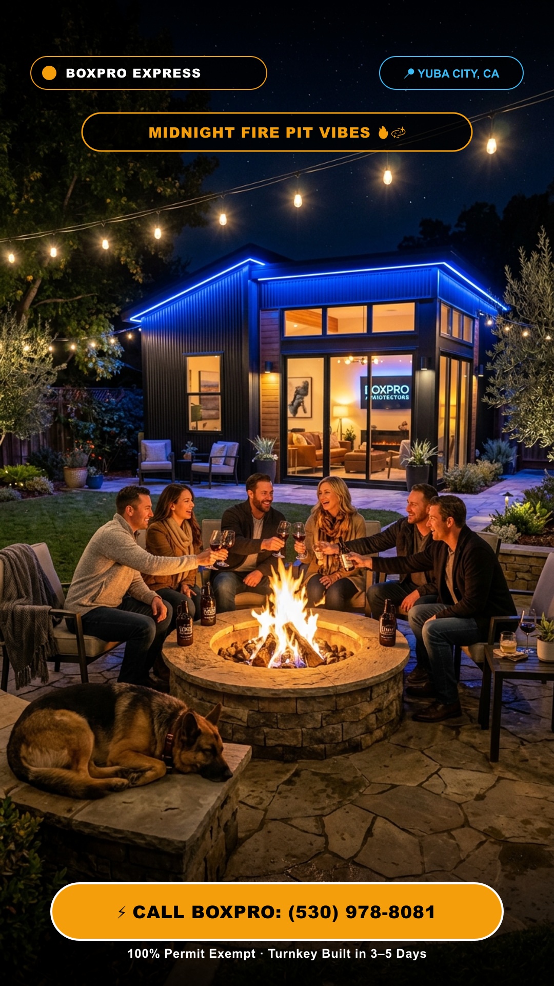 Couples gathered around stone fire pit under starry night sky with illuminated studio