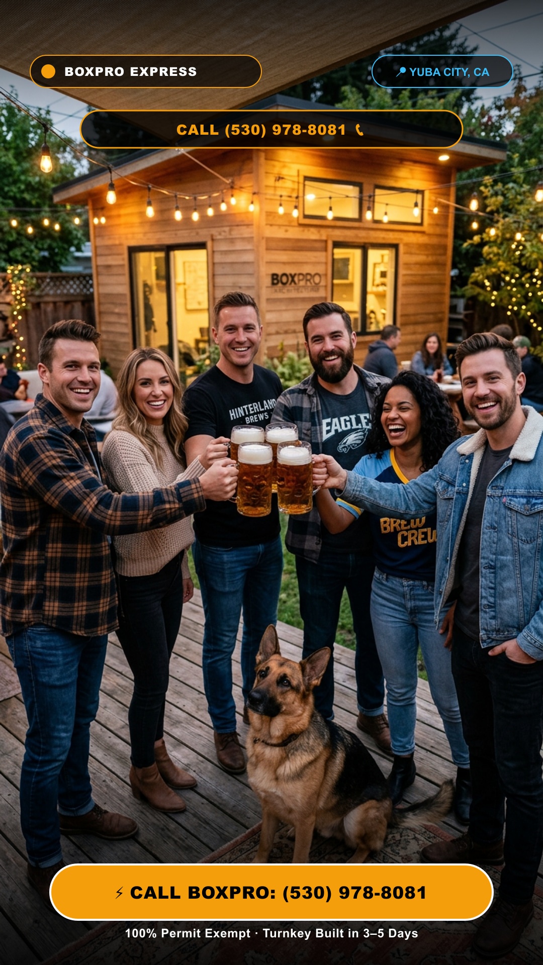 Attractive squad of adult couples toasting Viking beer mugs to camera with German Shepherd