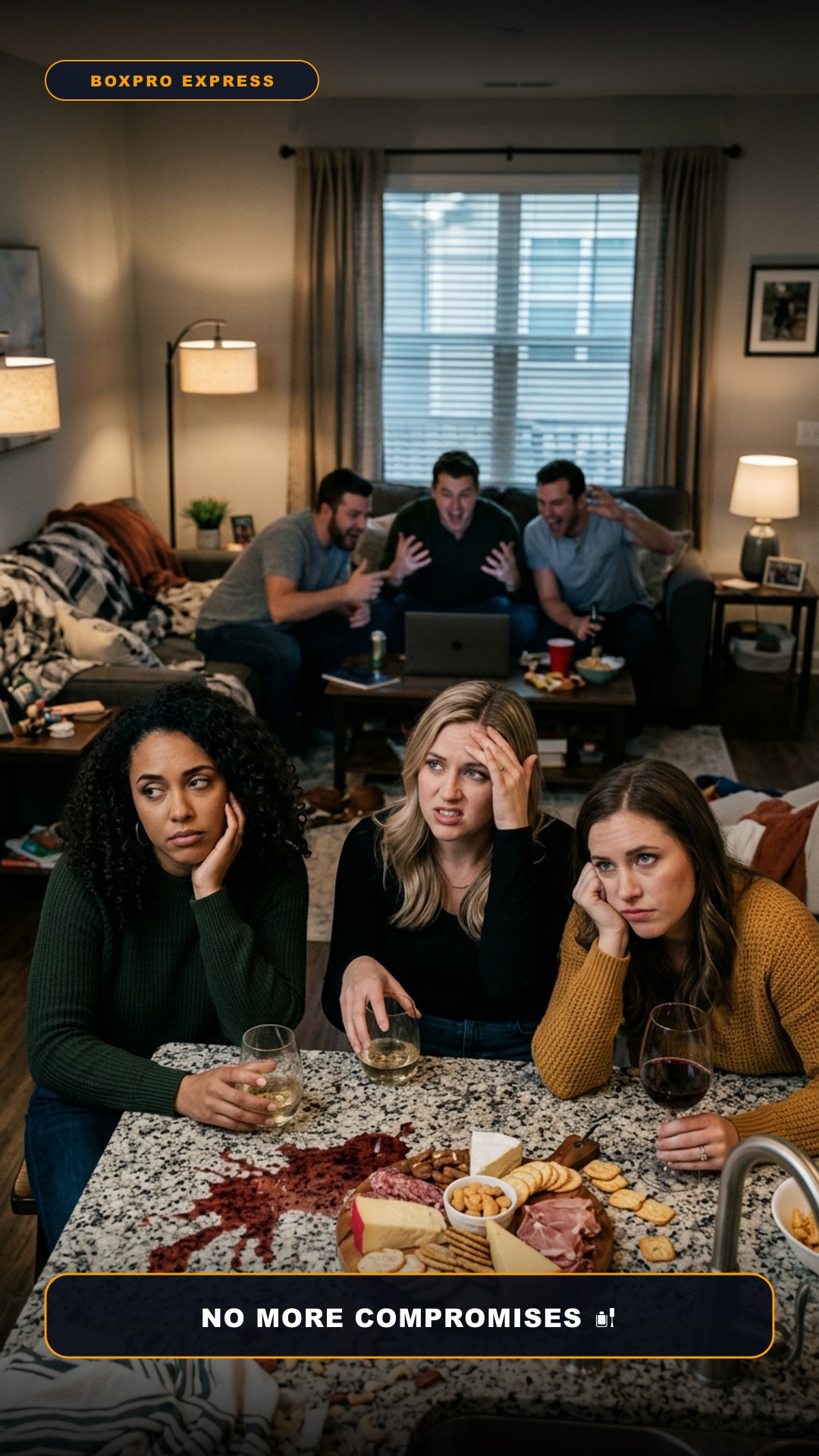 Stylish adult women frustrated in crowded suburban kitchen with shouting guys