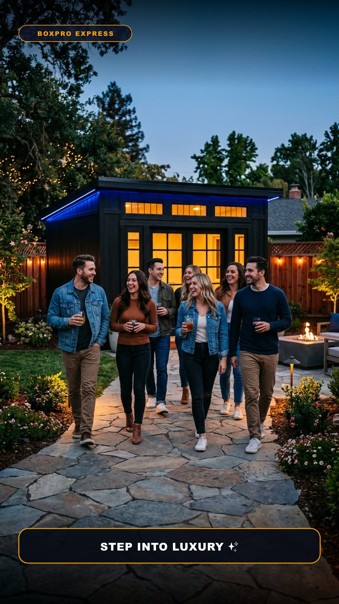 Attractive group of adult friends walking down backyard path toward glowing luxury shed