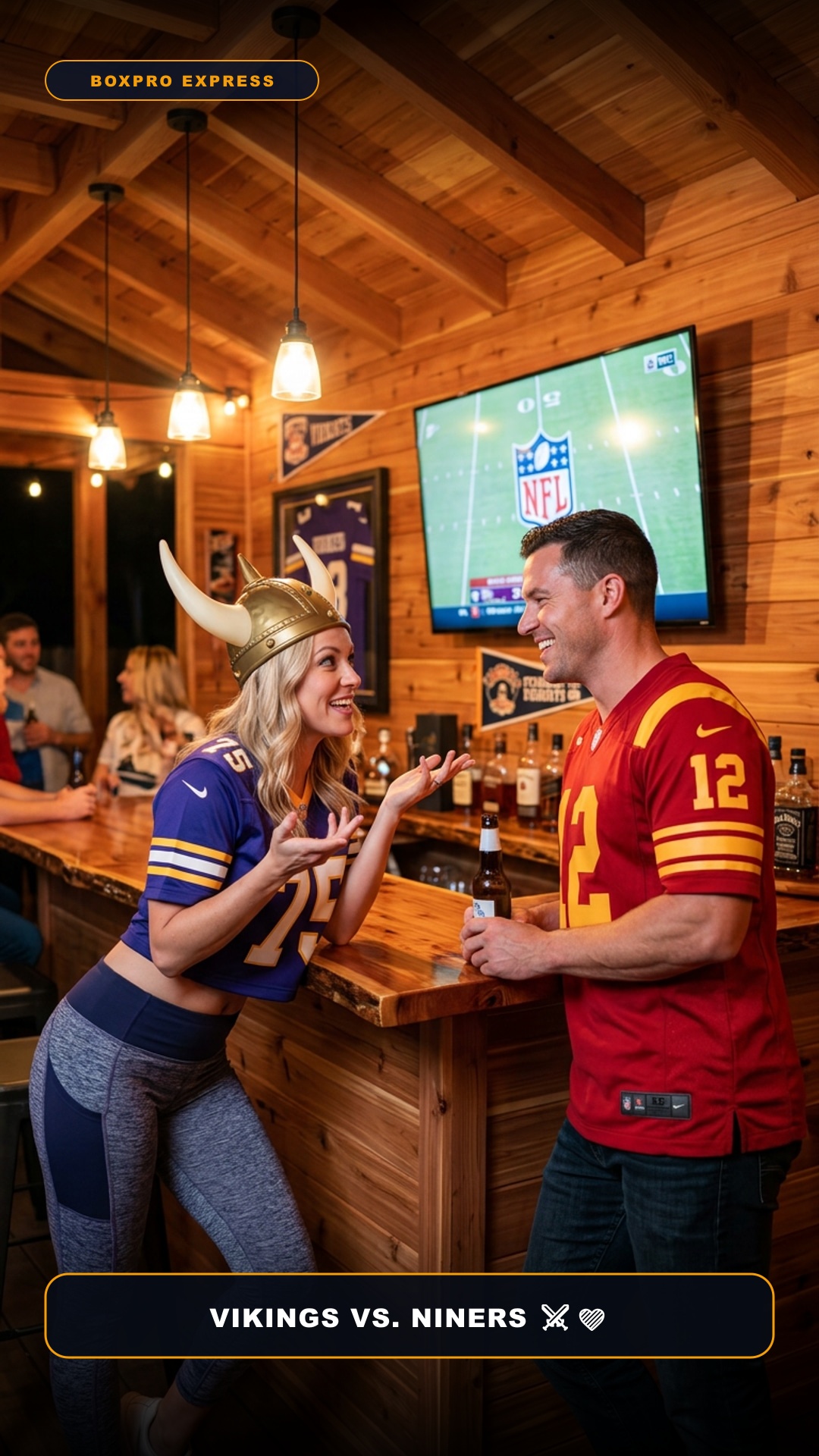 Playful romantic rivalry across cedar bar between Vikings and 49ers fans