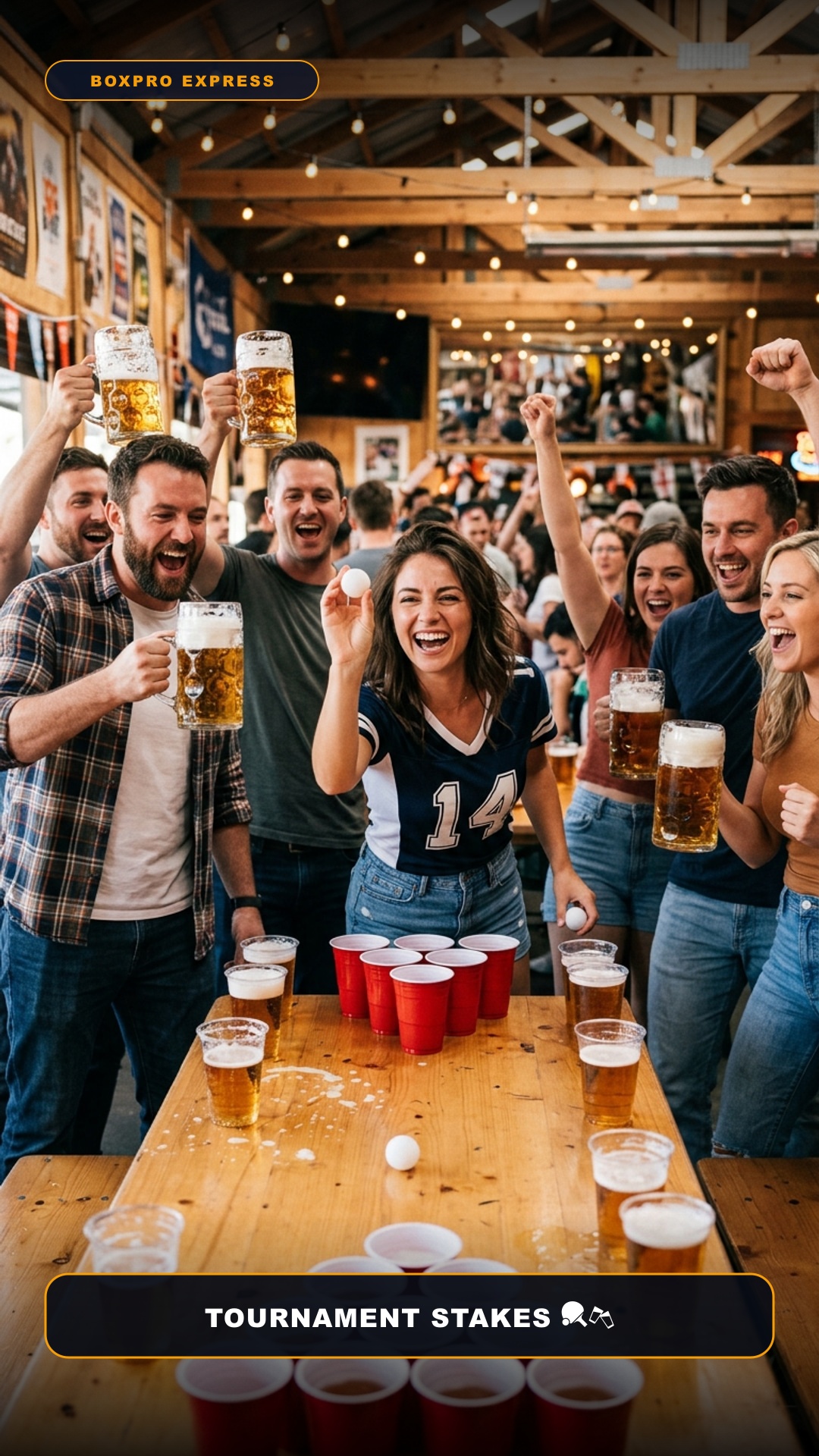 High energy beer pong tournament action inside luxury shed