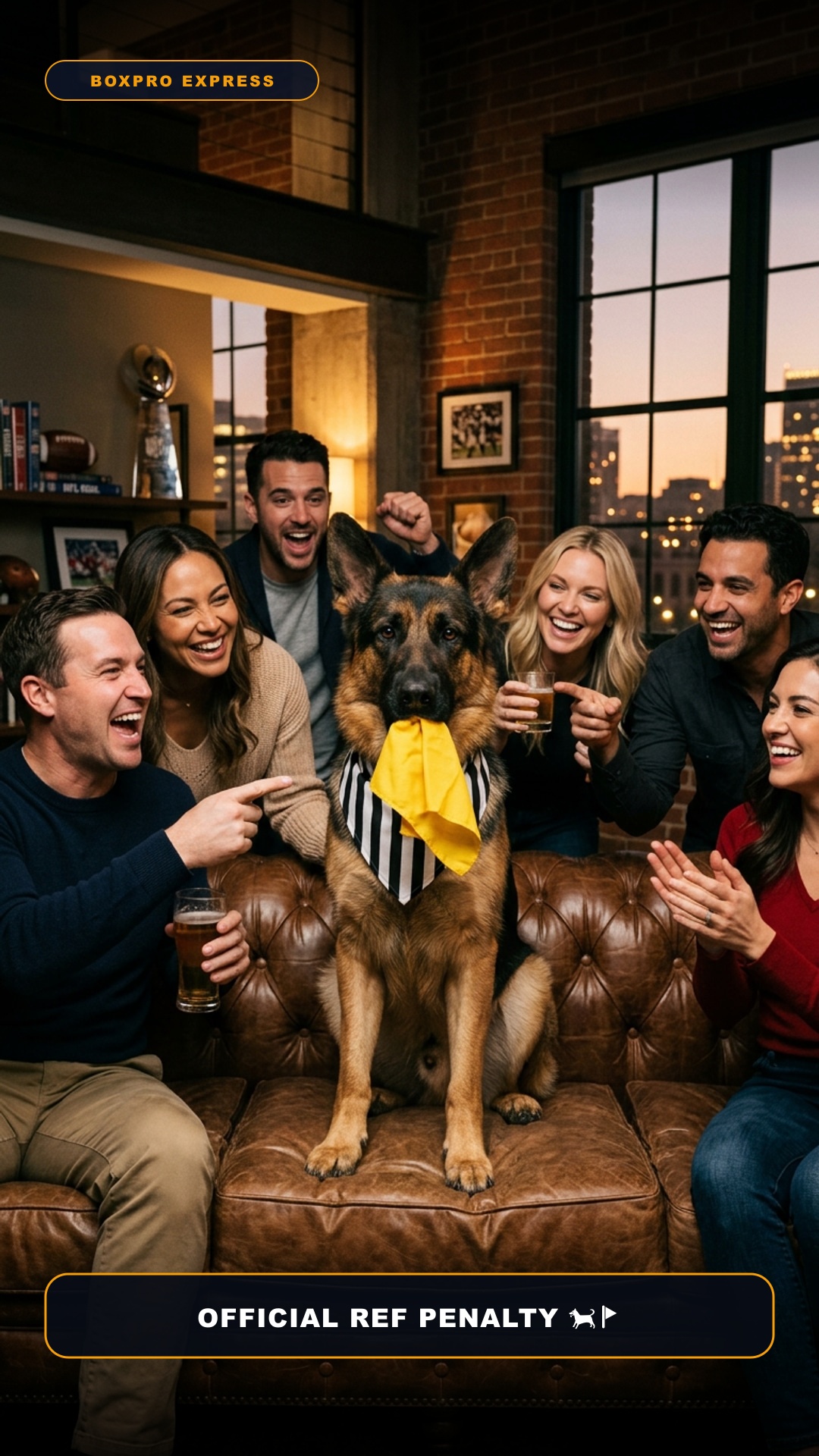 German Shepherd referee holding yellow penalty flag in mouth