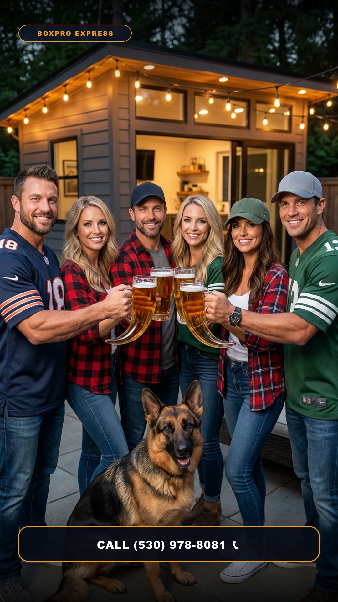 Attractive squad of adult couples toasting Viking beer steins to camera