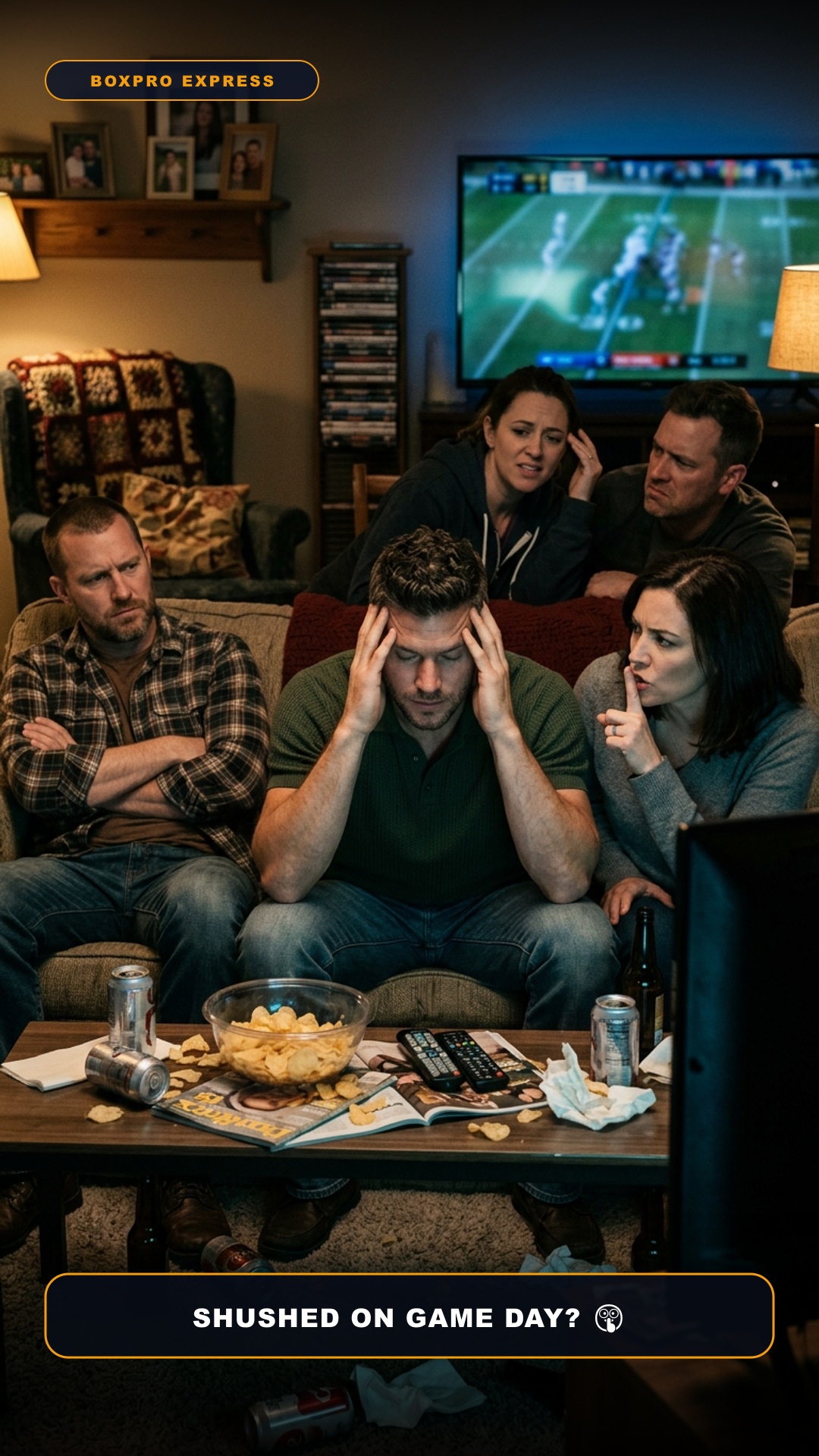 Frustrated adult friends silenced during football game in crowded suburban living room