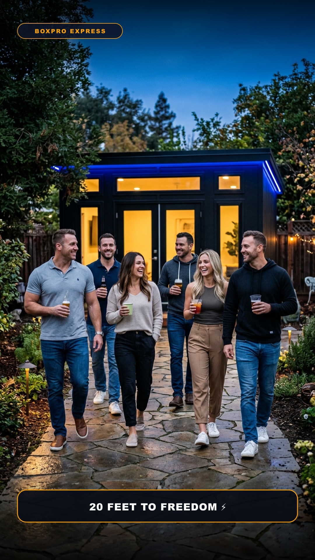 Attractive group of adult friends walking down backyard flagstone path toward luxury modern shed at dusk