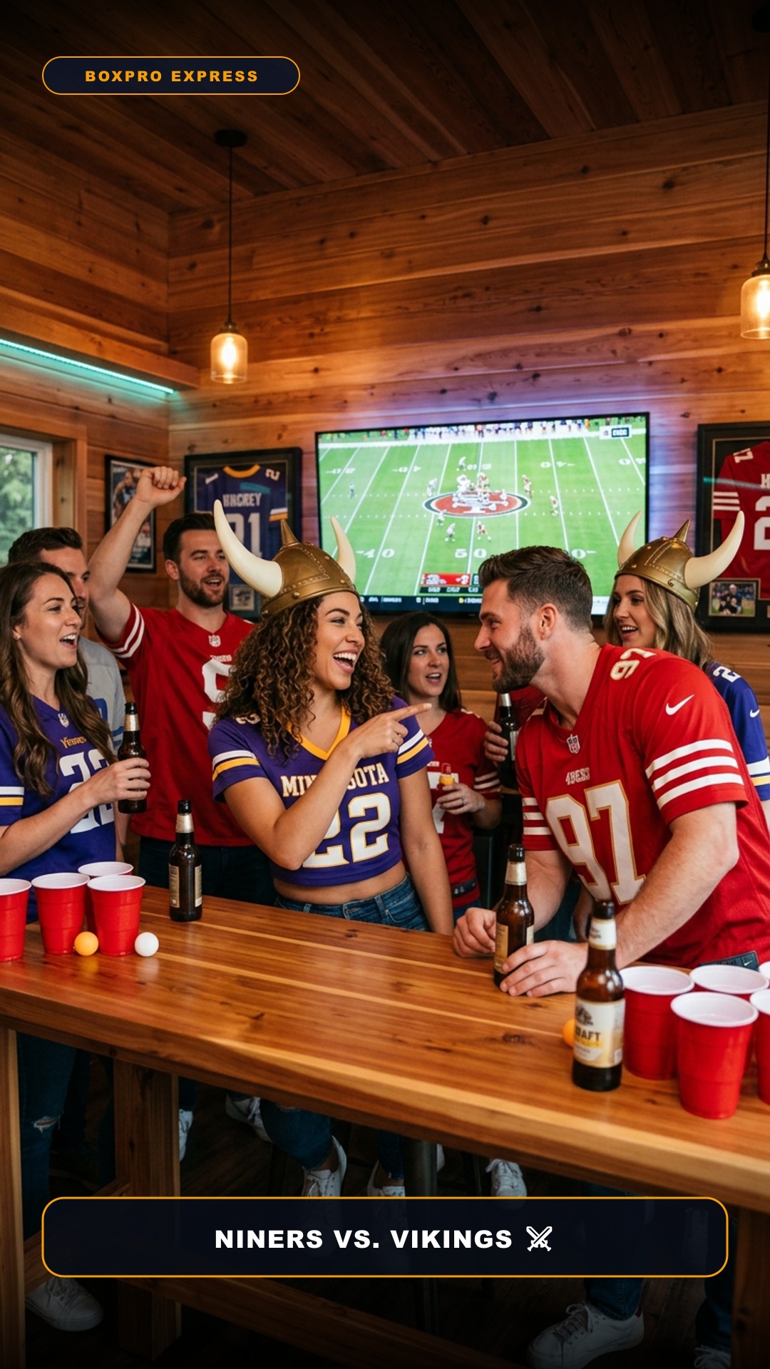 Packed adult game party inside cedar sports den with 49ers and Vikings fan gear