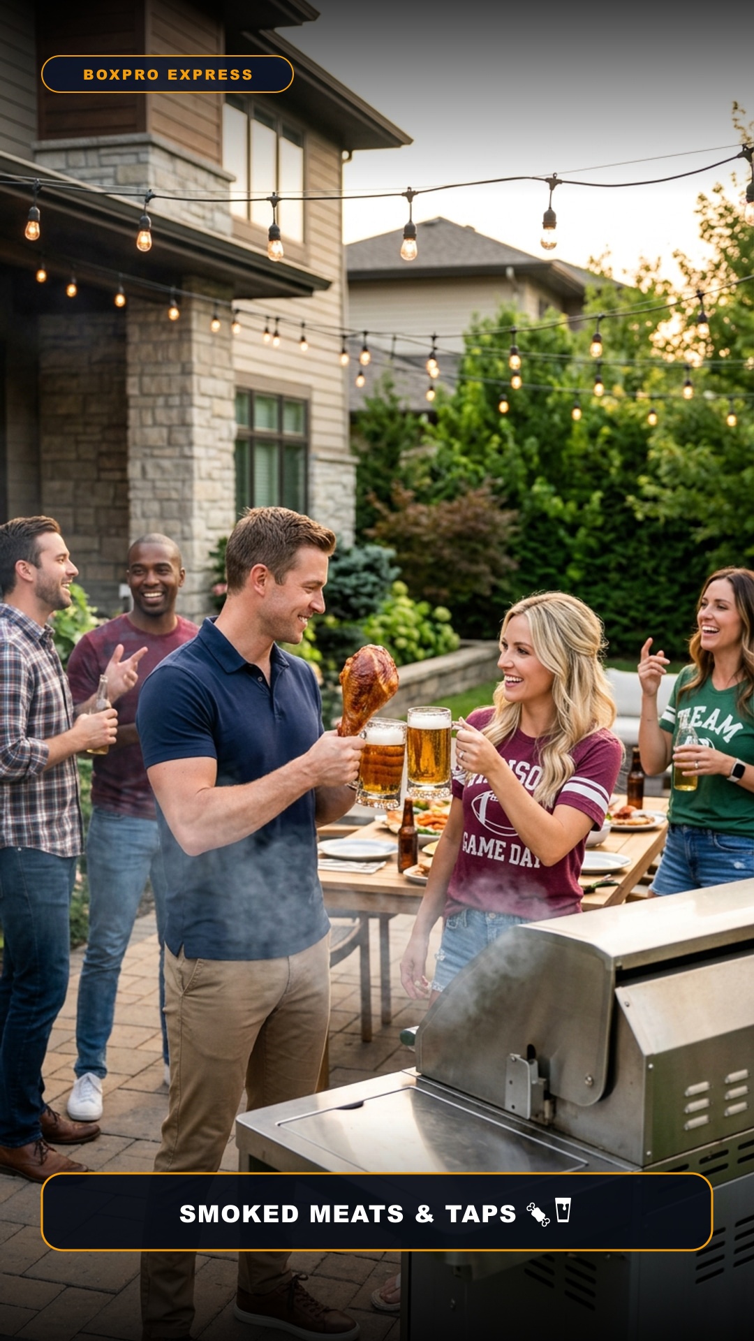 Outdoor patio BBQ smoker with turkey legs and Viking beer mugs