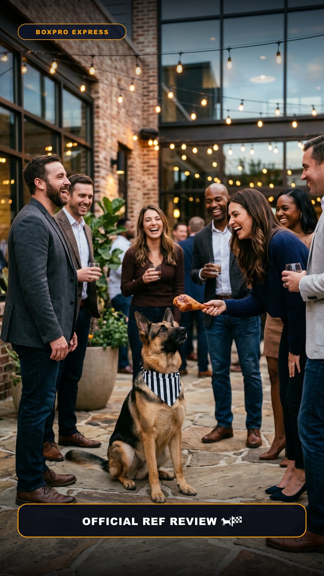 German Shepherd wearing referee bandana surrounded by laughing adult crowd