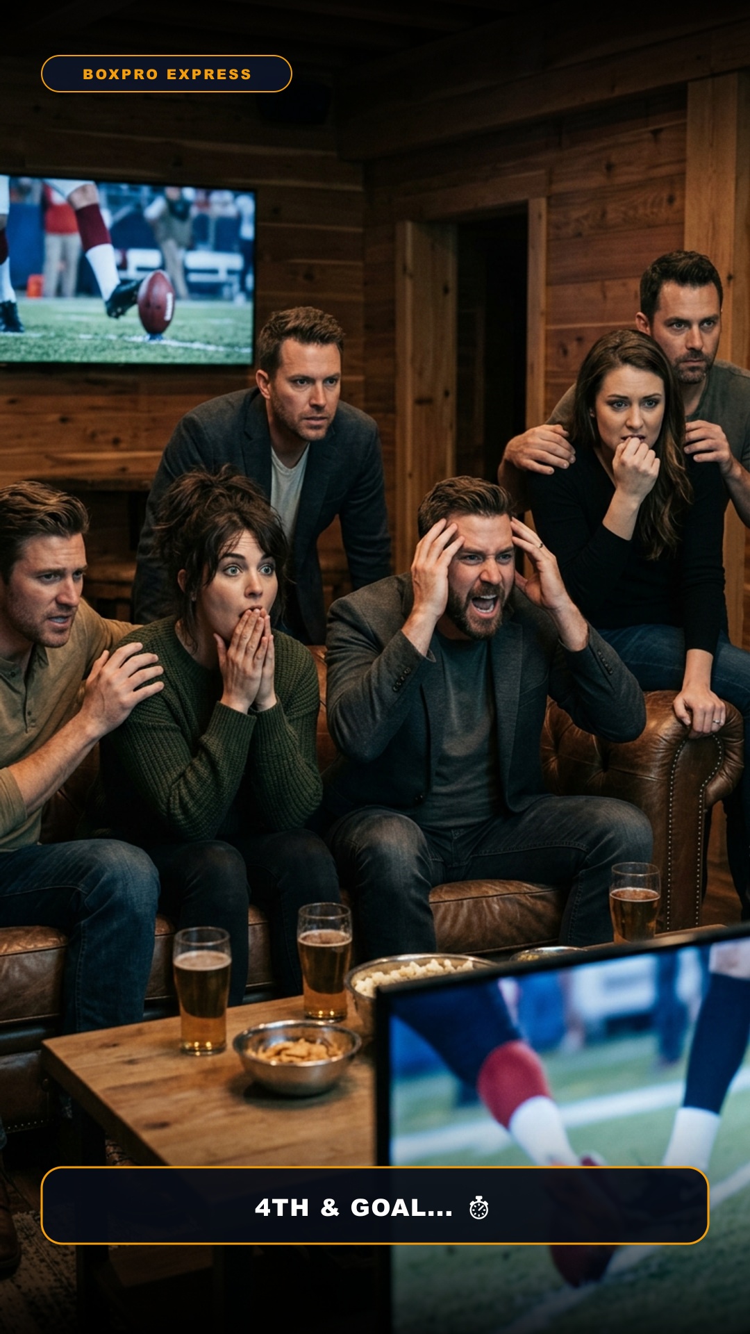 Intense collective suspense watching 65 inch TV inside shed