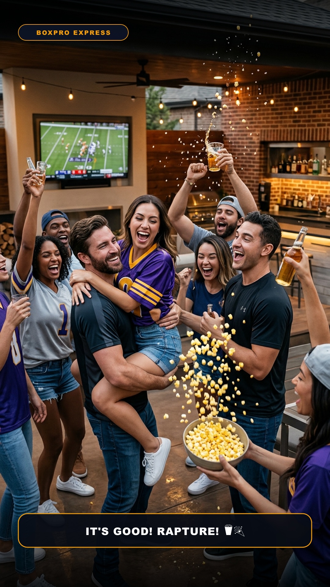 Explosive victory celebration and rapture with flying popcorn and cheers