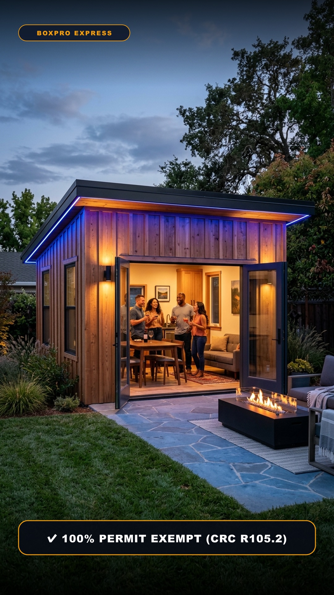 Architectural twilight photograph of luxury 15x8 Sutter Studio retreat in Yuba City