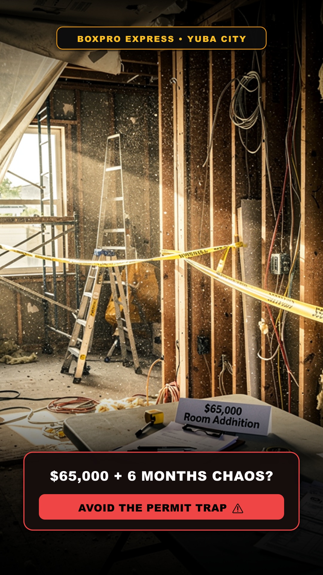 Construction chaos with warning tape, bills, and framing in home remodel