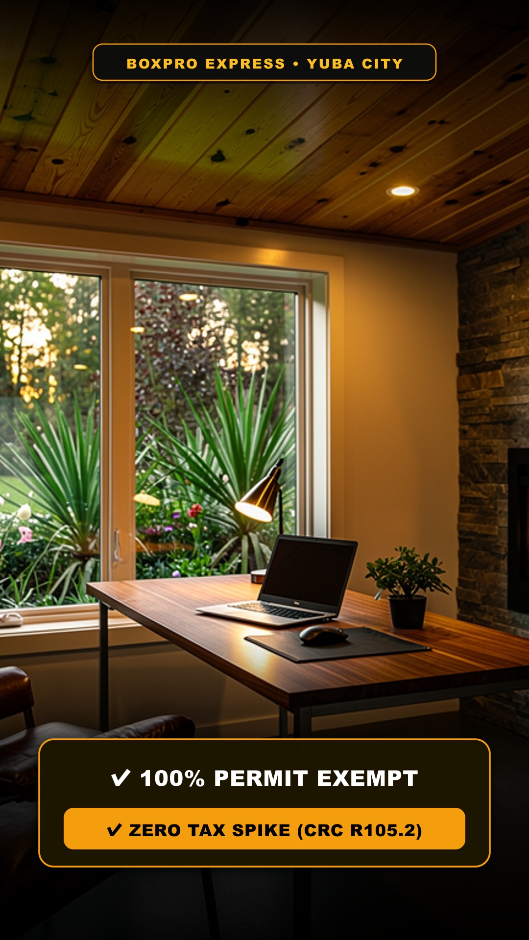 Interior view of 15x8 studio with cedar ceiling, built-in fireplace, and recessed lights