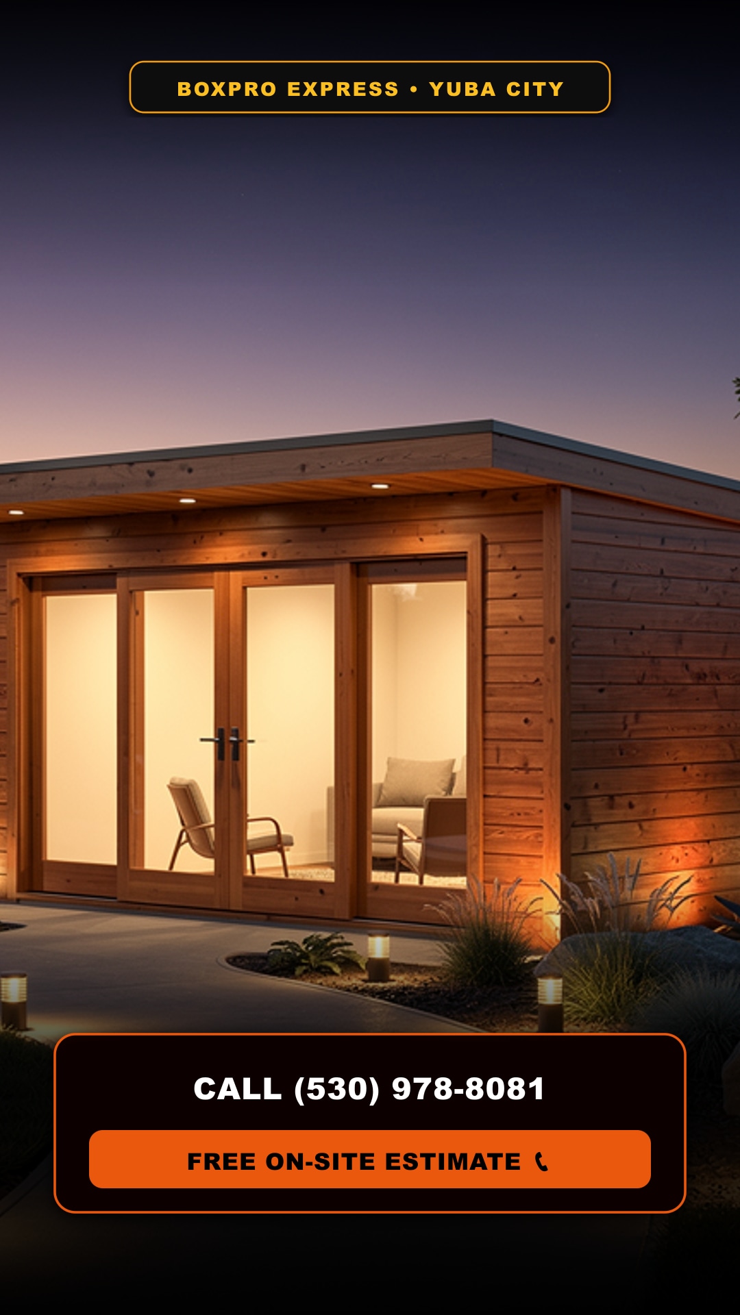 Sutter Studio exterior at dusk with warm landscape lighting and call banner