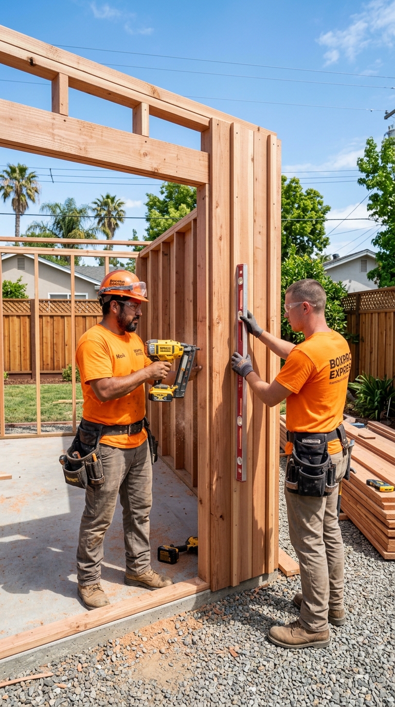 Boxpro Express orange shirt carpenters framing custom 10x12 redwood shed in Yuba City