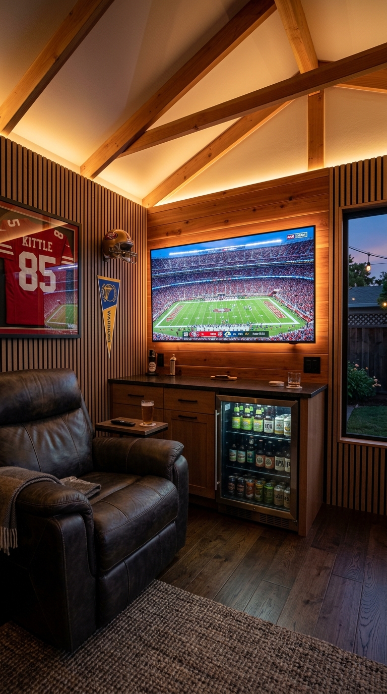 Luxury modern sports den interior with 65 inch TV and leather recliner