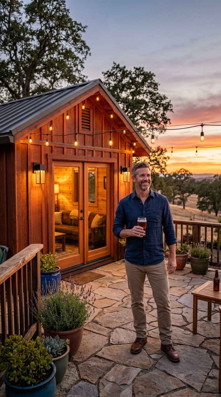 Satisfied homeowner enjoying craft beer outside his redwood man cave shed at sunset