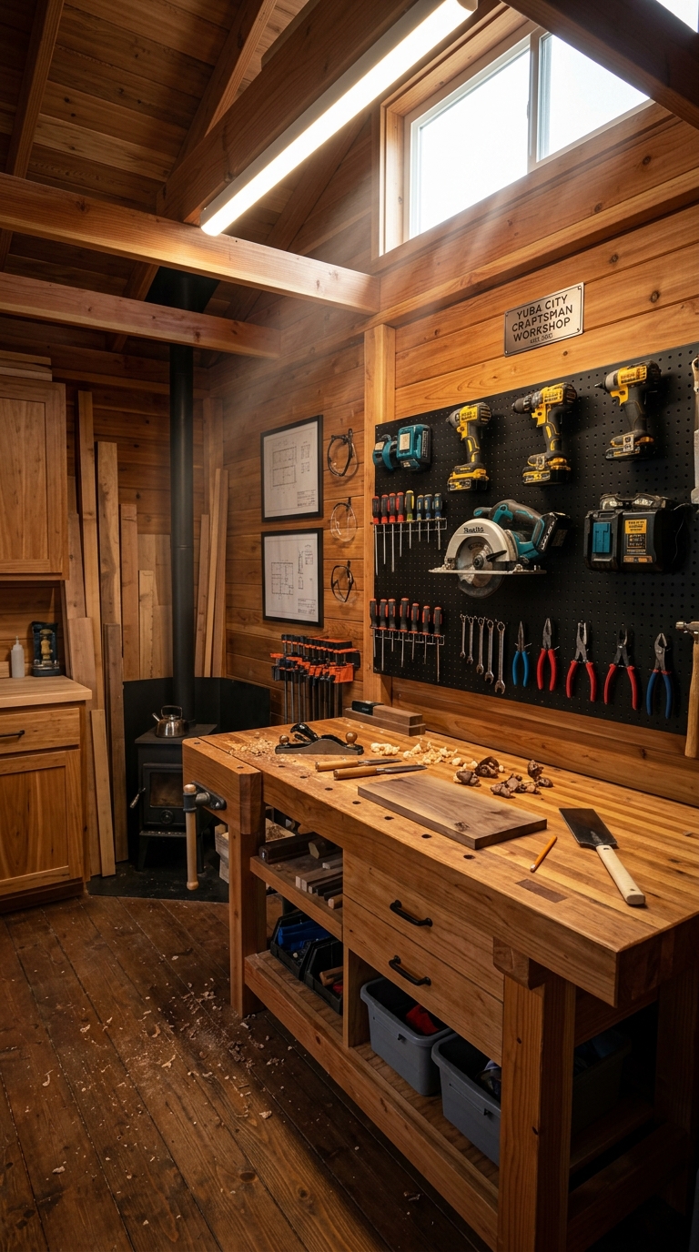 Heavy duty craftsman workshop shed with butcher block workbench and tool pegboard