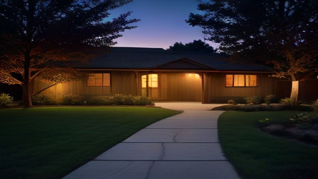 Finished residential backyard in Yuba City with custom redwood storage shed at sunset