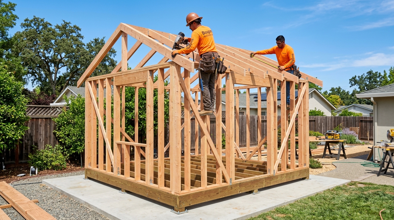Boxpro Express professional carpenters framing custom shed in Yuba City