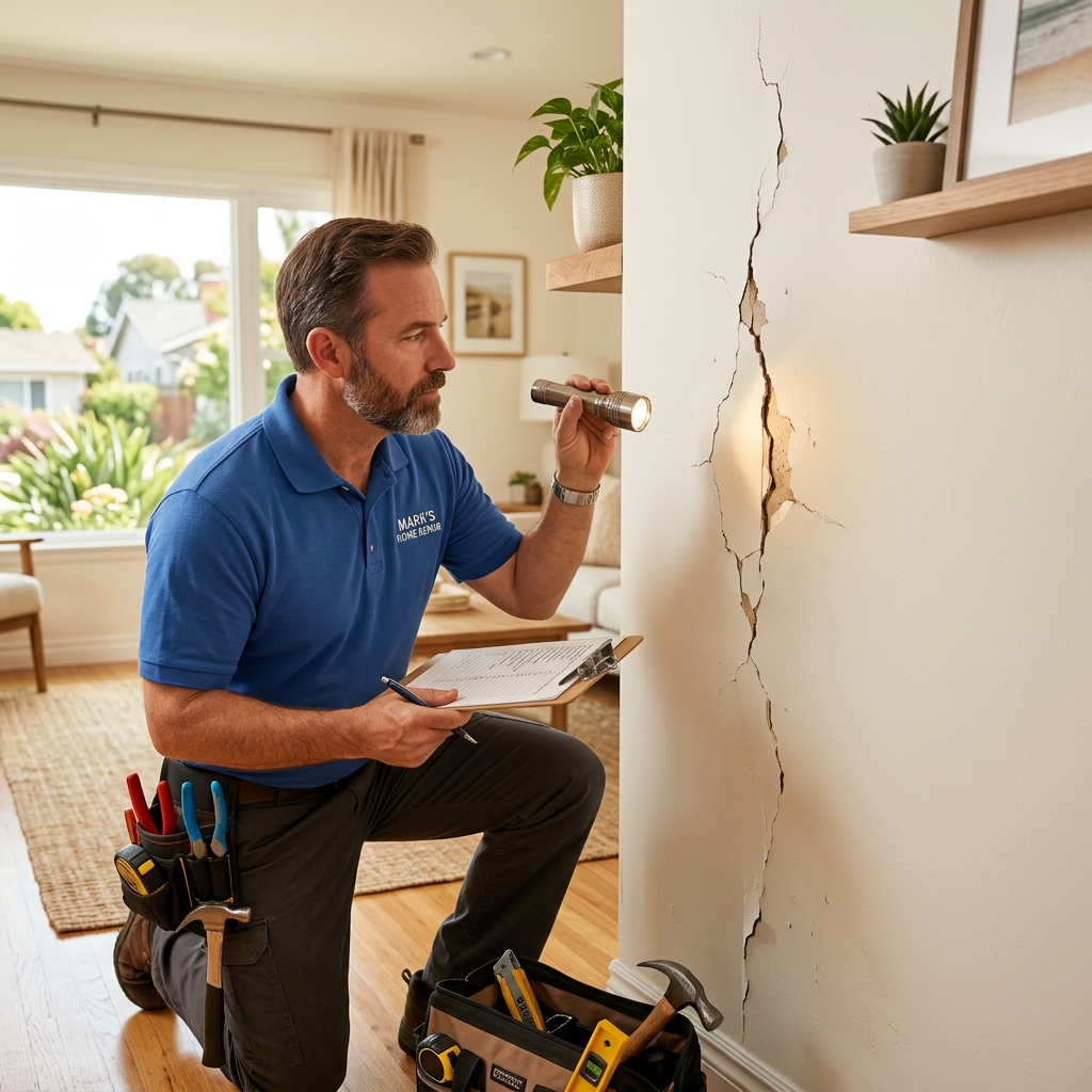 Professional handyman inspecting cracked drywall in a California home with flashlight and clipboard — home repair Yuba City