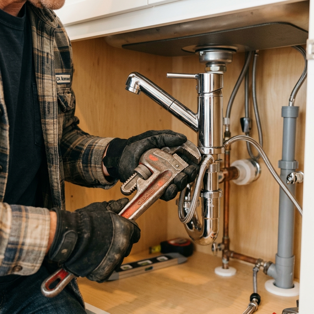 Licensed plumber tightening kitchen faucet under sink with pipe wrench — home repair services in Yuba City