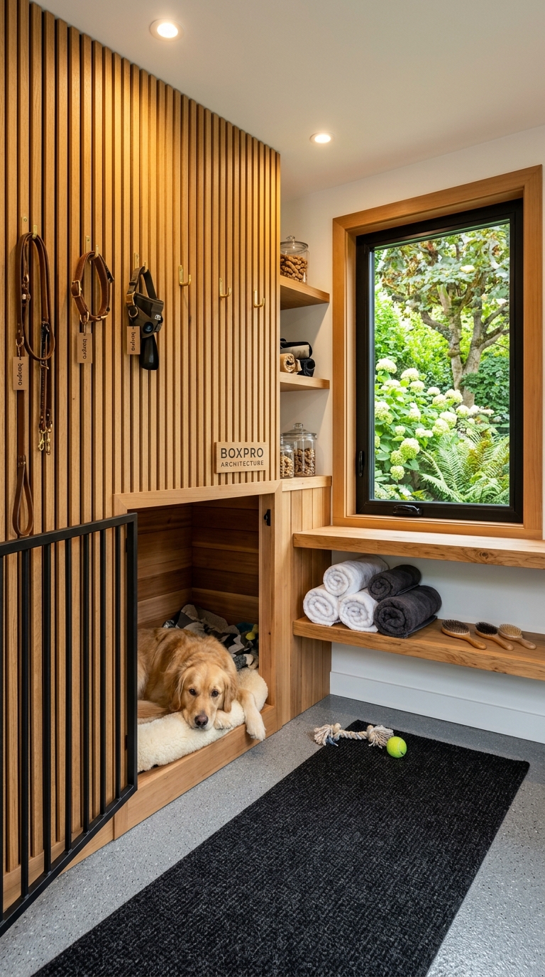 Luxury 100% dry interior of custom backyard dog suite shed featuring built-in cedar kennel nook, acoustic oak slat walls with organized hunting leashes and brass collars, and seamless polyaspartic floor