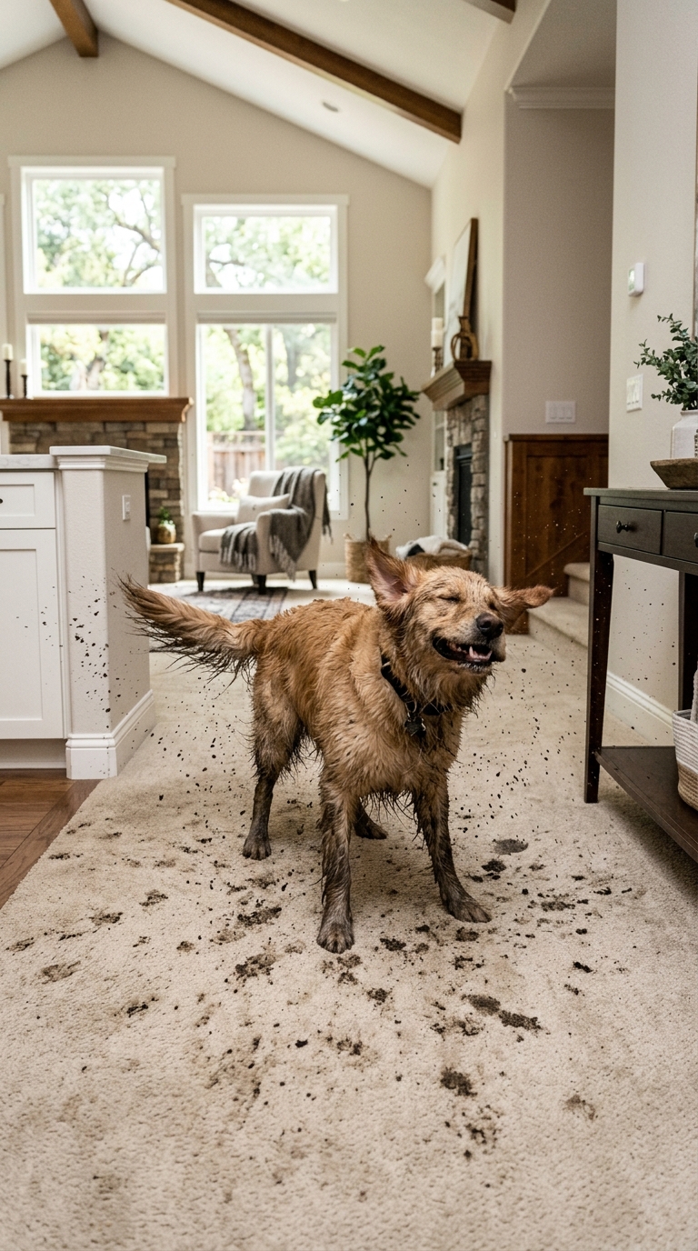 Energetic muddy golden retriever shaking dirty water across beige carpet and white baseboards in upscale California living room
