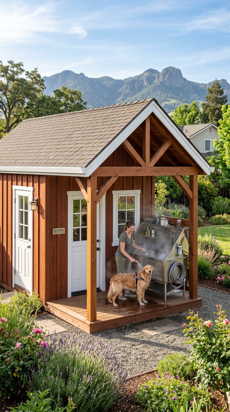 Custom 10x12 redwood shed with covered timber wash porch, elevated commercial stainless dog wash station with warm water steam, and Sutter Buttes backdrop