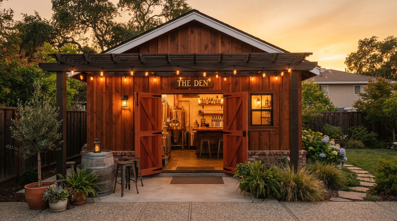 Custom backyard craft brewery taproom shed built by Boxpro Express in Yuba City
