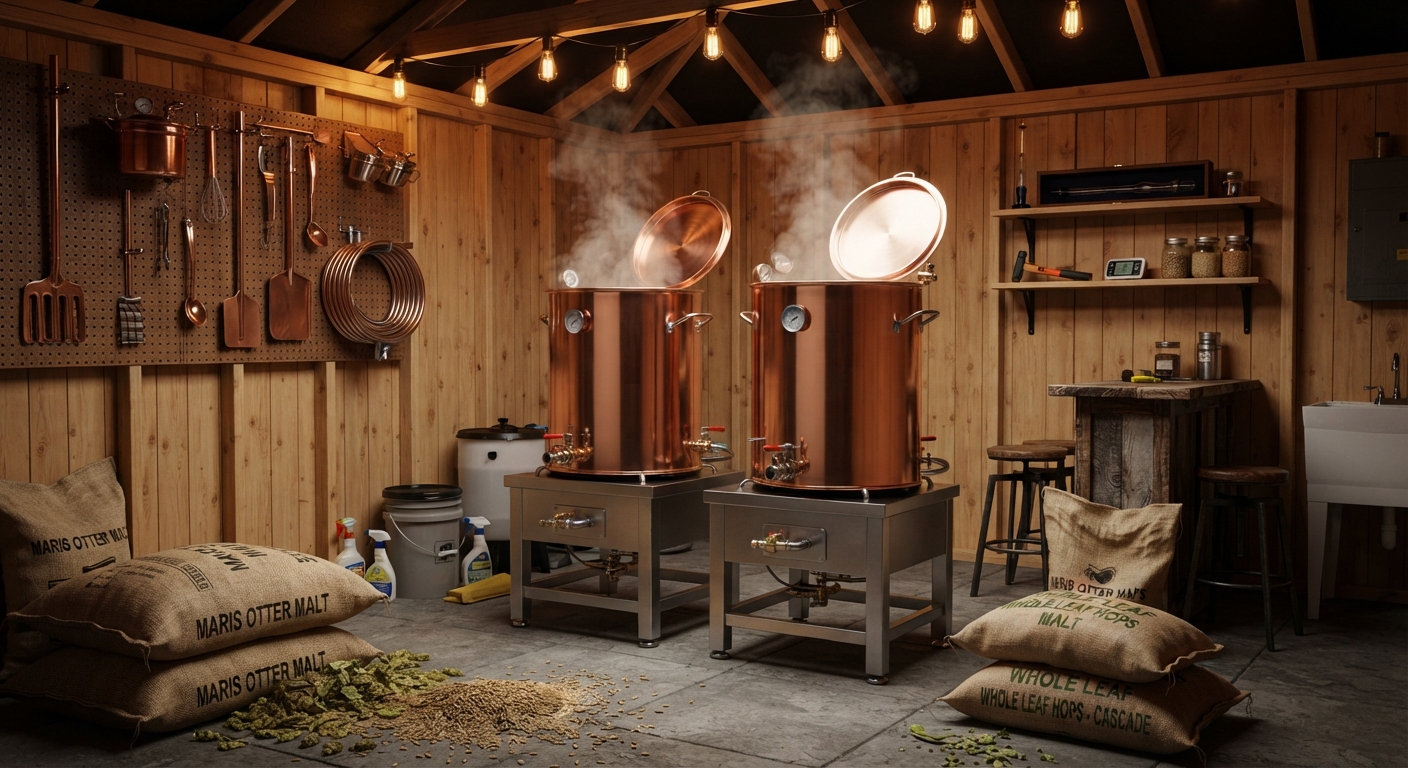 Copper brewing kettles in a premium backyard brewery man cave shed