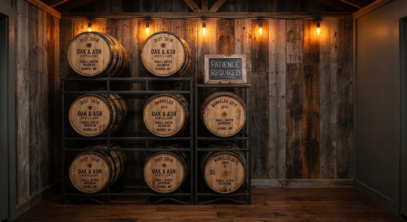 Whiskey aging barrel rack in a custom backyard whiskey den shed