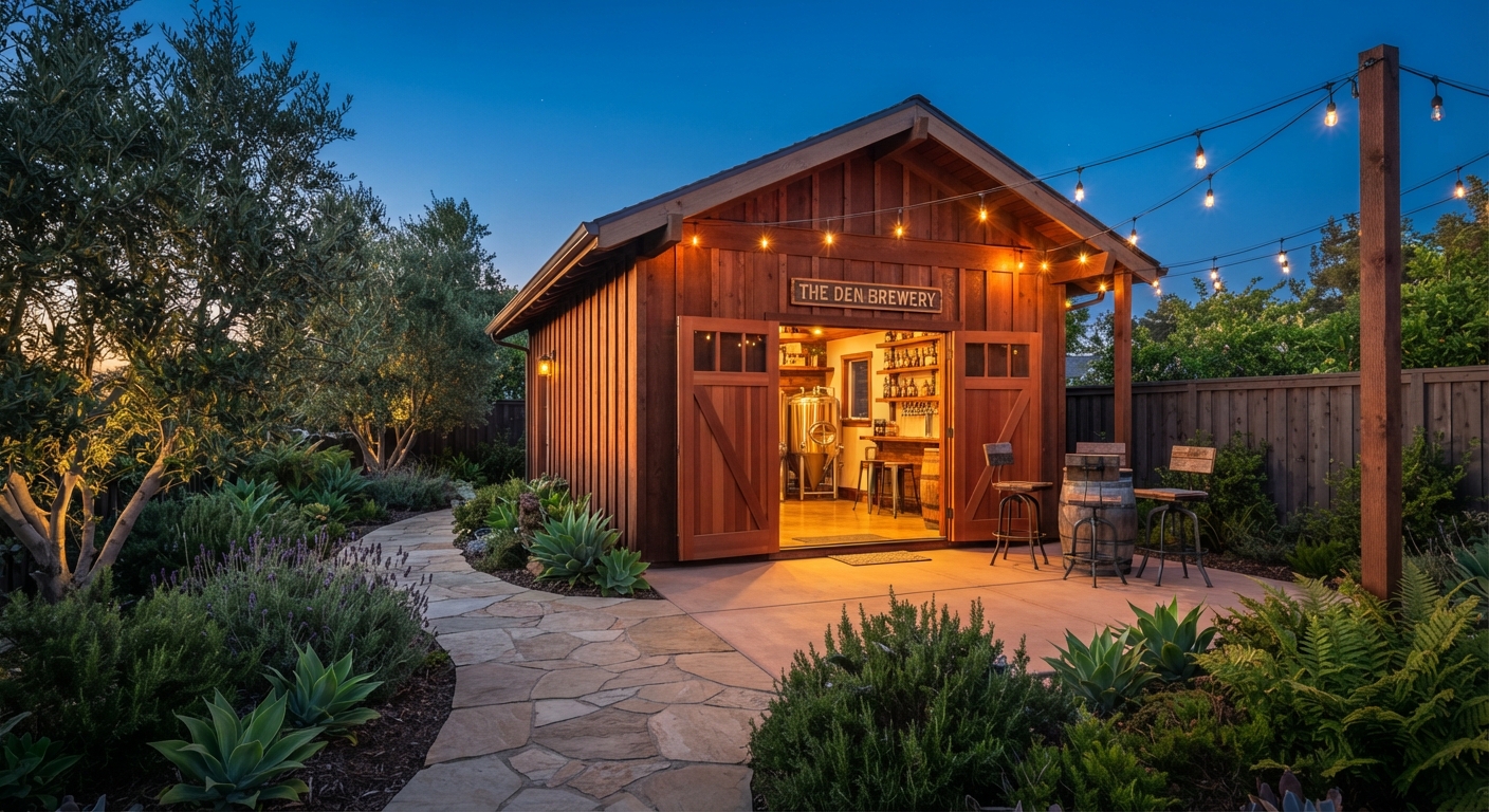 Custom backyard brewery and whiskey den shed exterior at twilight in Yuba City