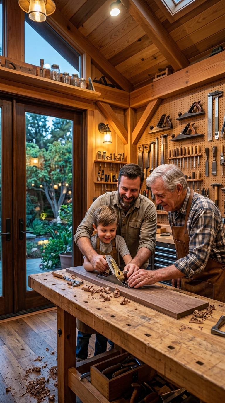 Three generations father son grandfather woodworking workbench in backyard shed