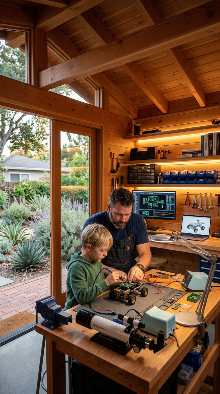 Father and son building STEM robotics and telescope in modern backyard shed